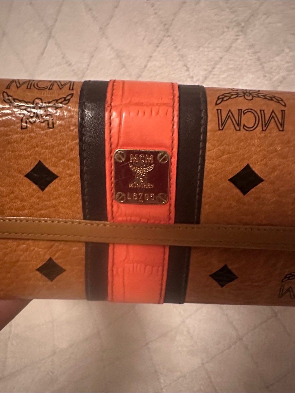 MCM Cognac Monogram Clutch with Orange and Brown Center Stripe - Picture 11 of 11